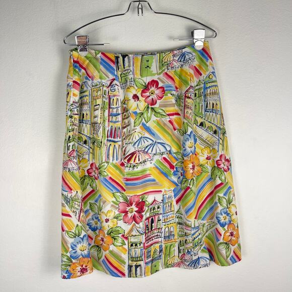 Talbots Colorful Italy France Scene City Floral Print Skirt Womens 8 Tencel Soft - Picture 2 of 11